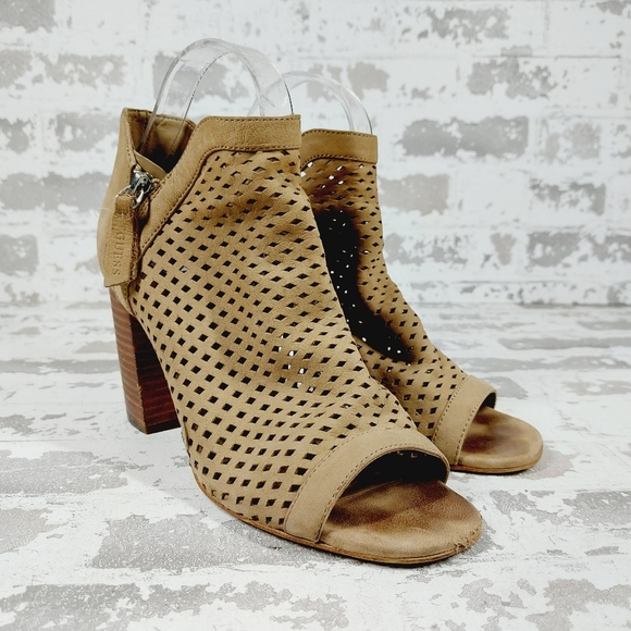 Guess Oana Tan Brown Leather Perforated Peep Toe Block Heel Ankle Booties V536 - Picture 4 of 13